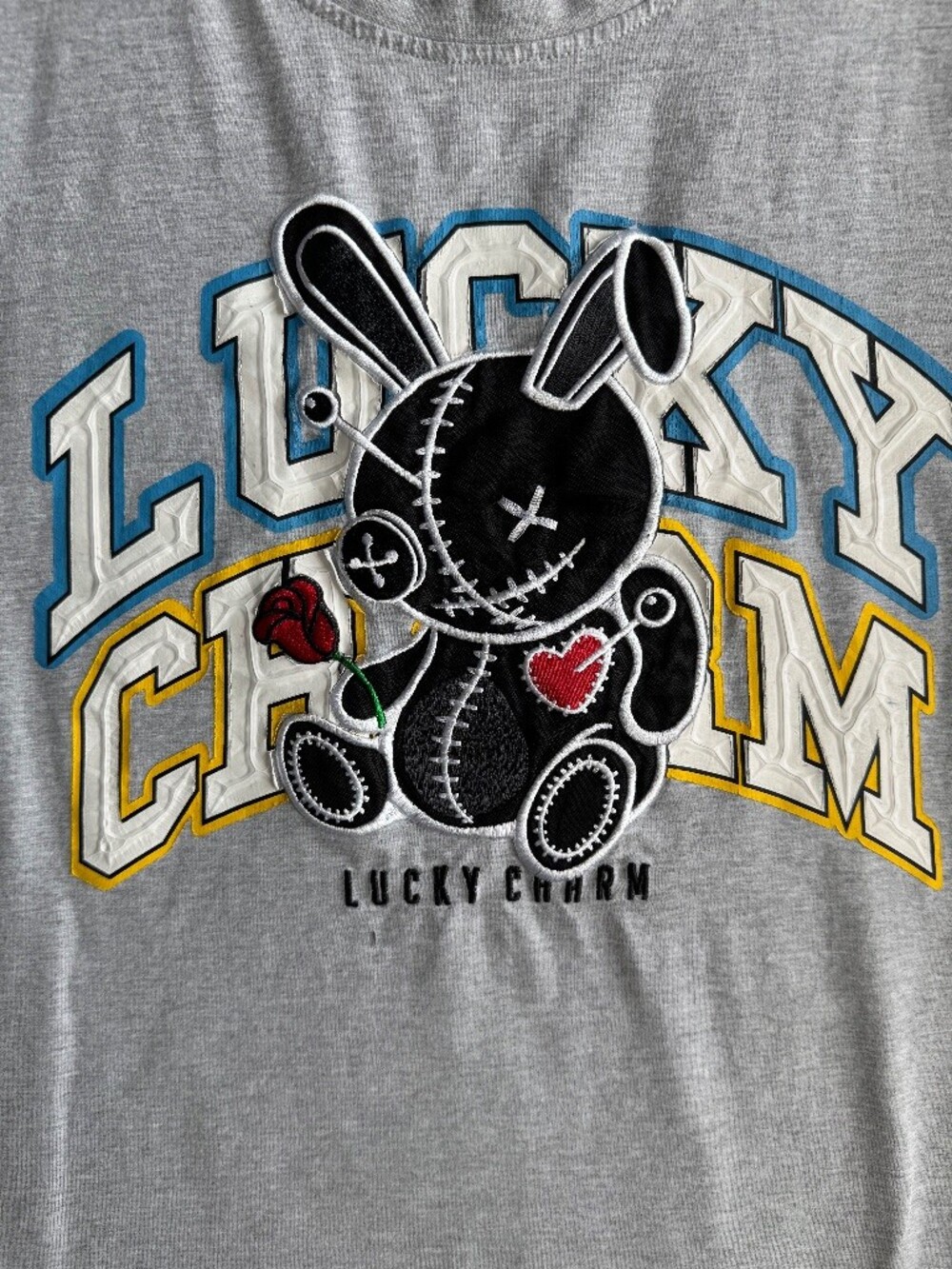 BKYS Lucky Charm Voodoo Bunny Graphic T Shirt Mens Gray Embroidered Streetwear
